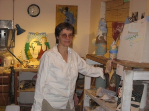 Bea at her ceramic sculpture studio, May 2007, photo by Linna Muschlitz