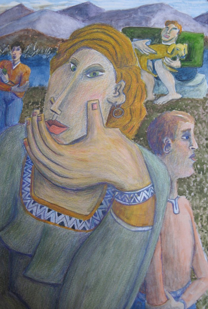 "At The River," mixed media painting by Bea Garth, copyright 2012