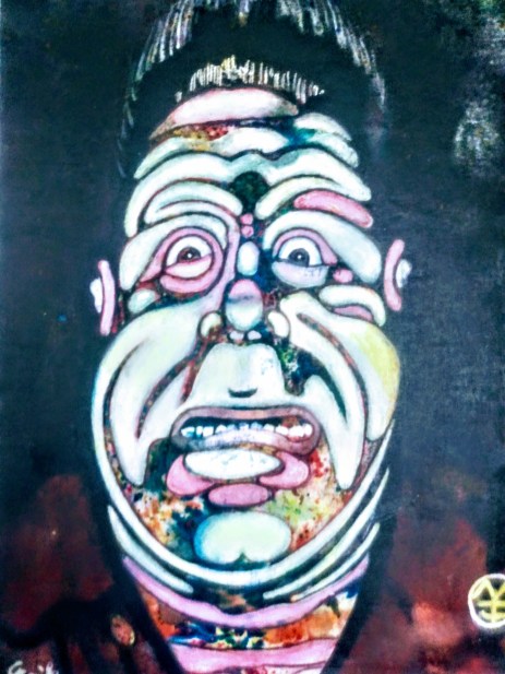 "Gary Raises Selfie/ Sees Self!" watercolor painting by Erik Kaye, copyright 2020; for sale: please inquire