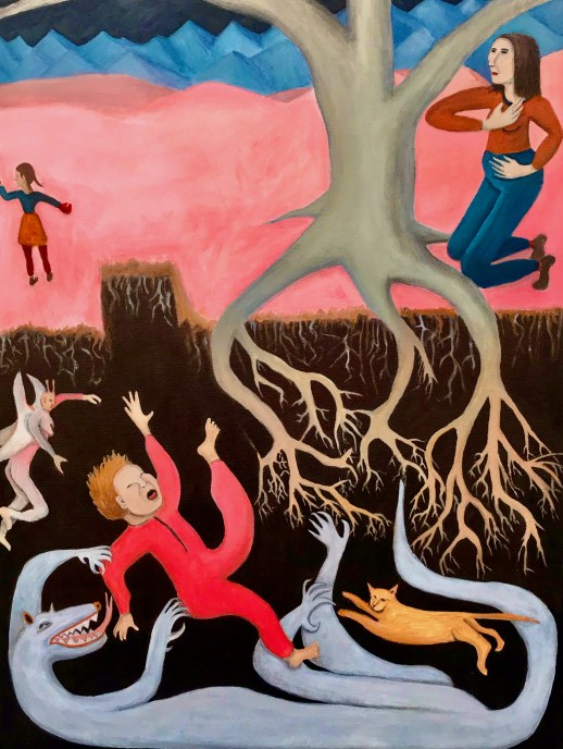 "Initiation Through The Trap Door," acrylic on canvas by Bea Garth, copyright 2020; for sale, please inquire